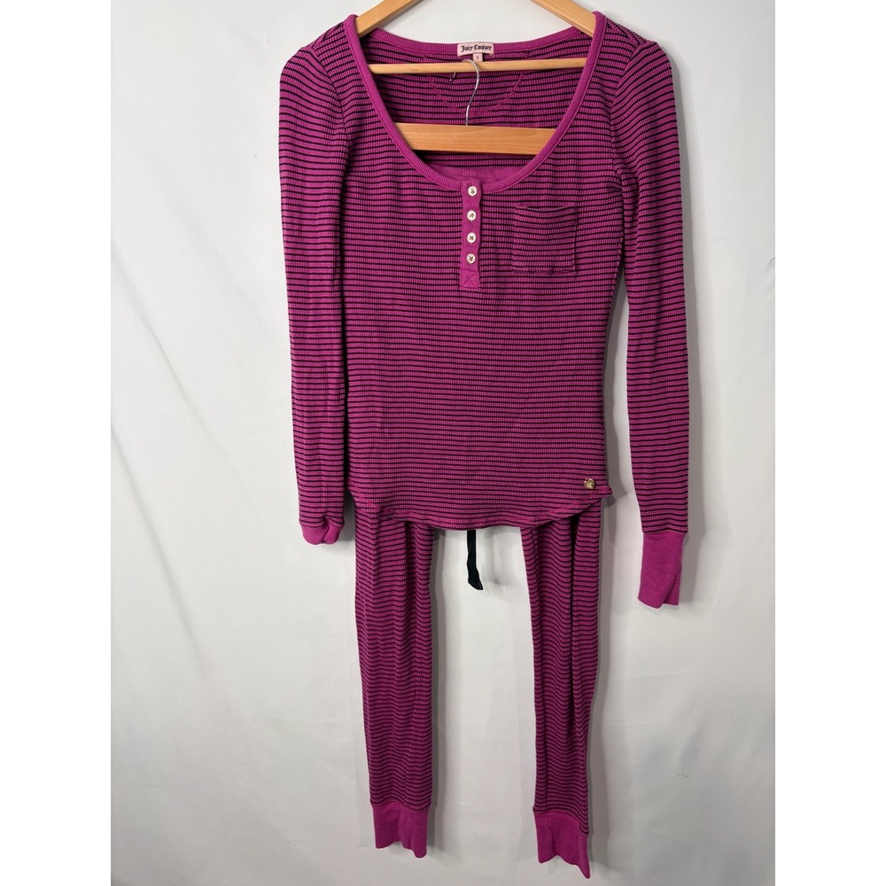 Y2K 90s Juicy Couture Purple Black Striped Waffle Henley Thermal Pajama Set Sz S
